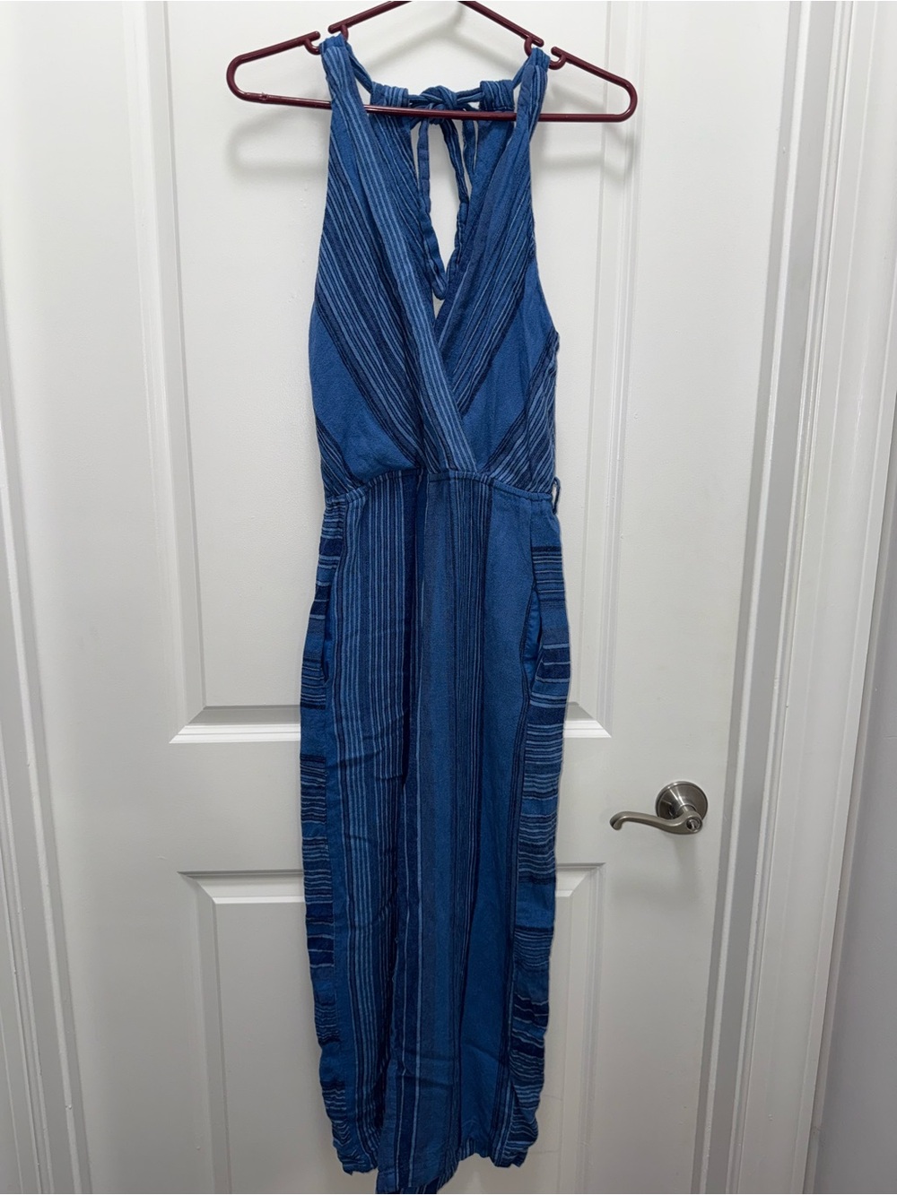 Indigo Rein Blue Striped Halter Jumpsuit (Size S)